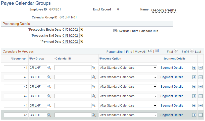 Payee Calendar Groups page