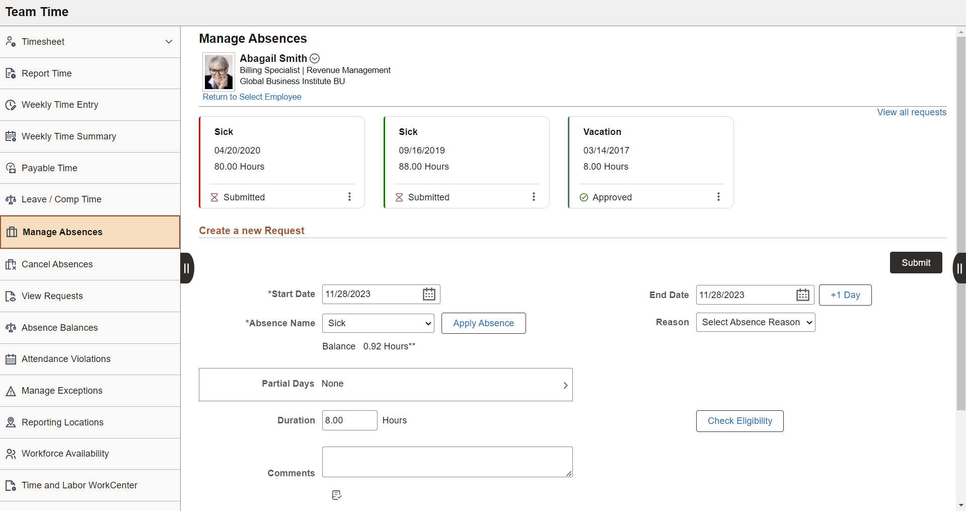 Manage Absence page_Manager
