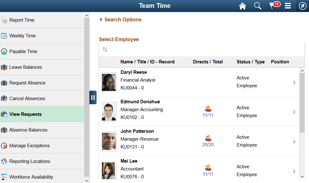 View Requests (select employee) page