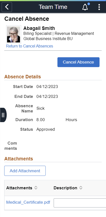 (Smartphone) Manager Self Service_Cancel Absence Page