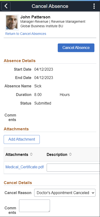 (Smartphone) Employee Self Service_Cancel Absence Page