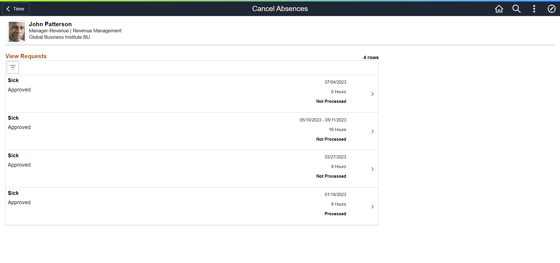 Cancel Absences (View Requests) Page