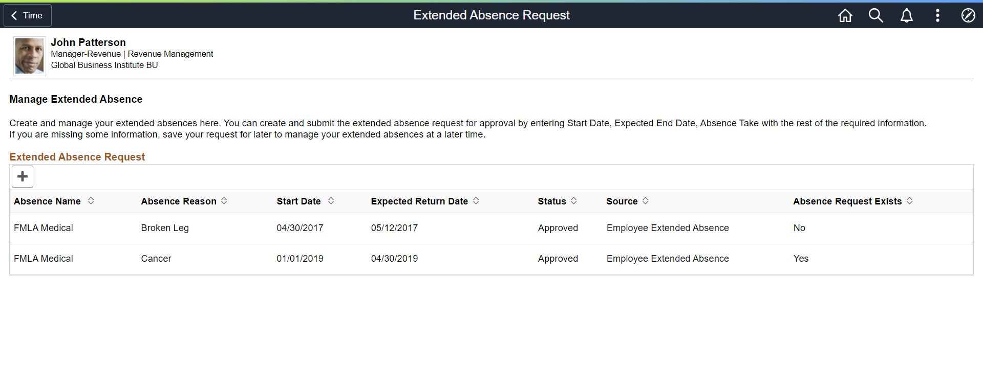 Extended Absence Request Page