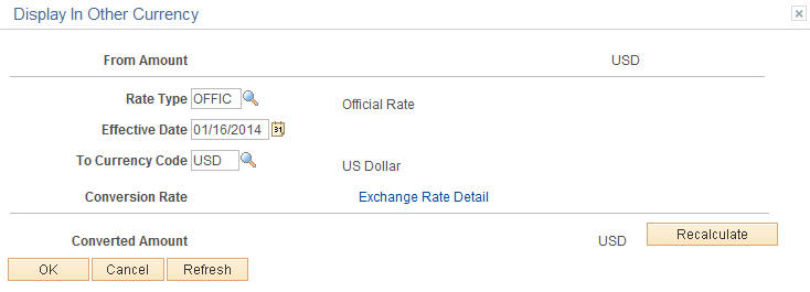 Flat Amount field opens to a Display in Other Currency page for the option of converting currency.