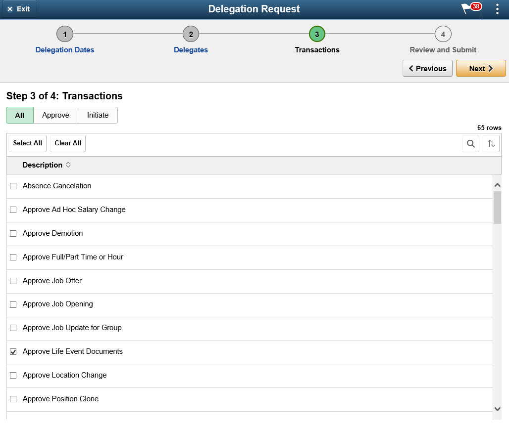 Delegation Request_Transactions page