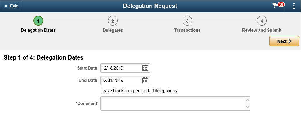 Delegation Request_Delegation Dates page