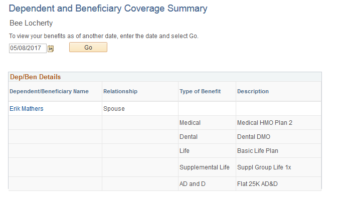 Dependent and Beneficiary Coverage Summary page