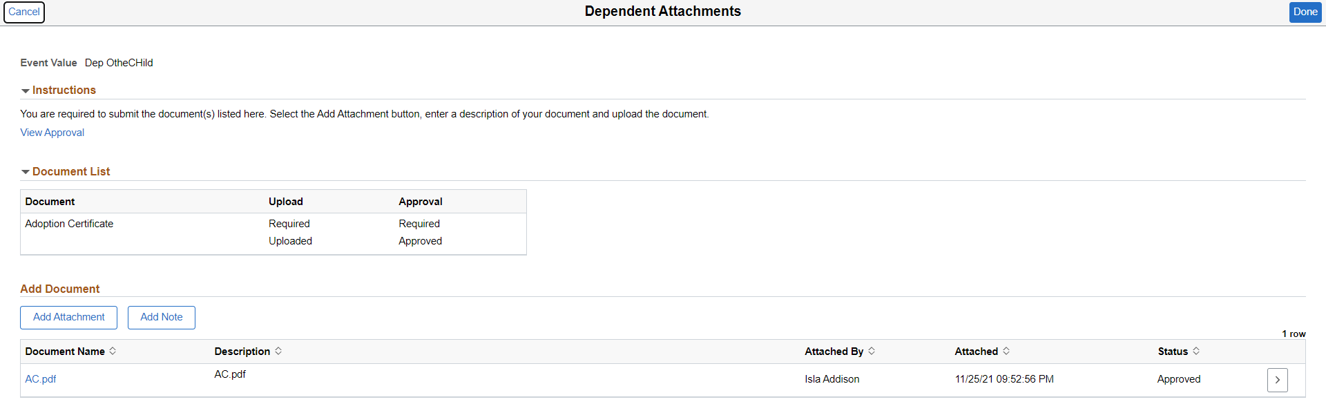 Dependent Attachments page