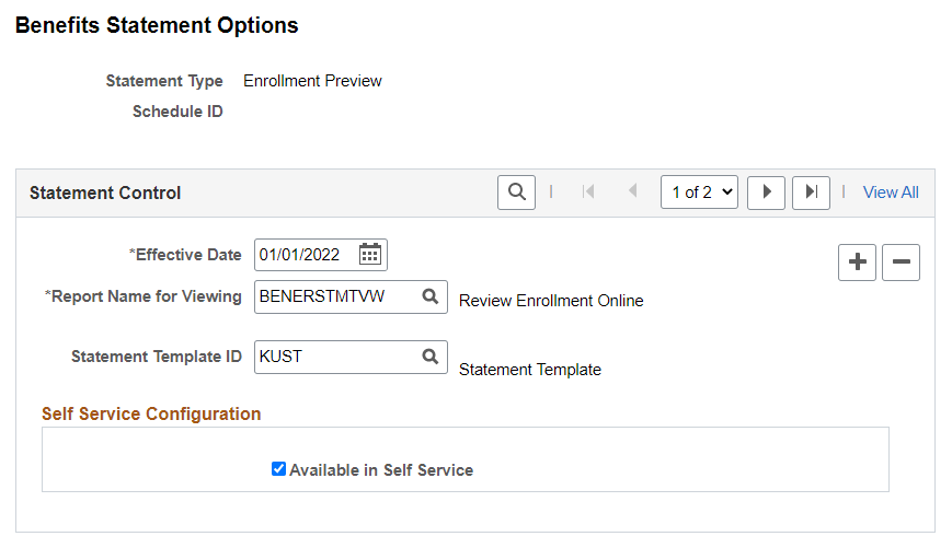 Benefits Statement Options page for Enrollment Preview