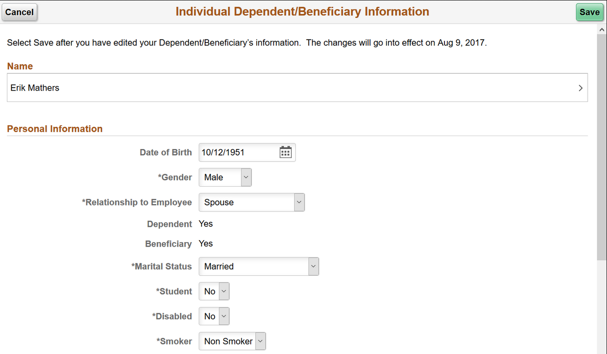 (Tablet) Individual Dependent/Beneficiary Information page (Part 1 of 2)