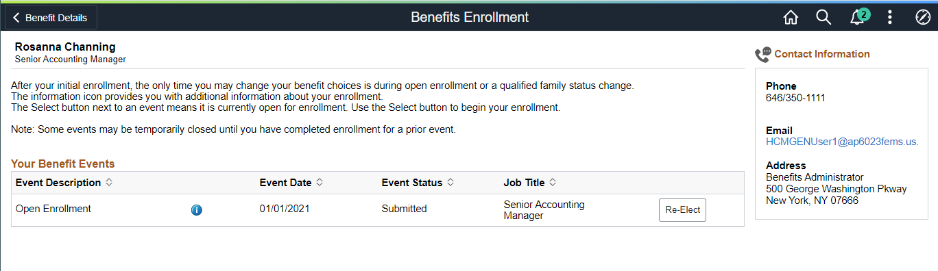 Benefits Enrollment Event Selection Page with an OE Event