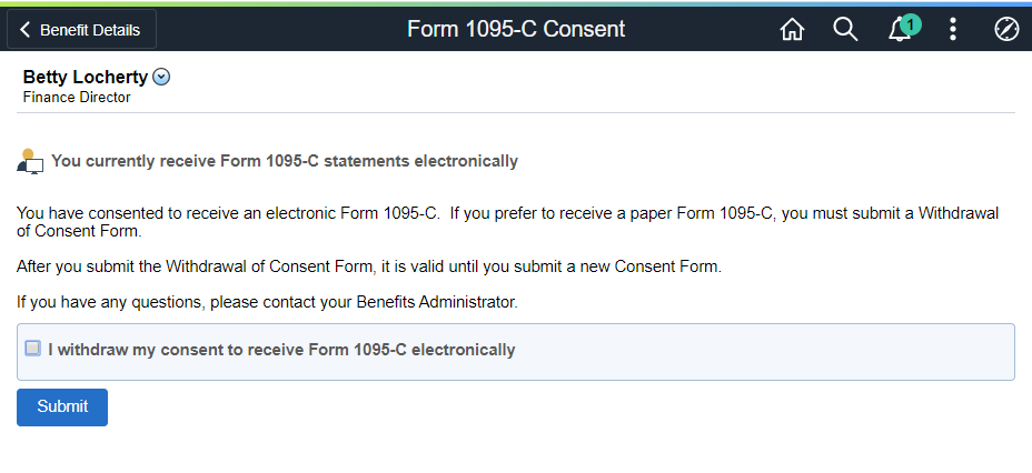 (Tablet) Form 1095-C Consent - Withdraw page