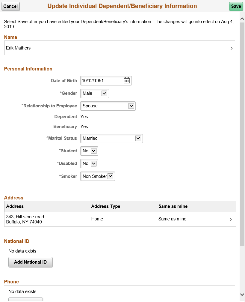 Update Individual Dependent/Beneficiary Information modal window