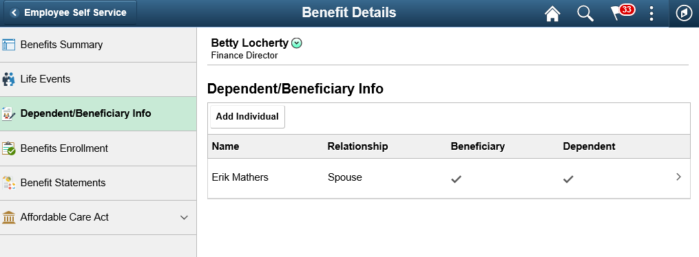(Tablet) Dependent and Beneficiary Information page