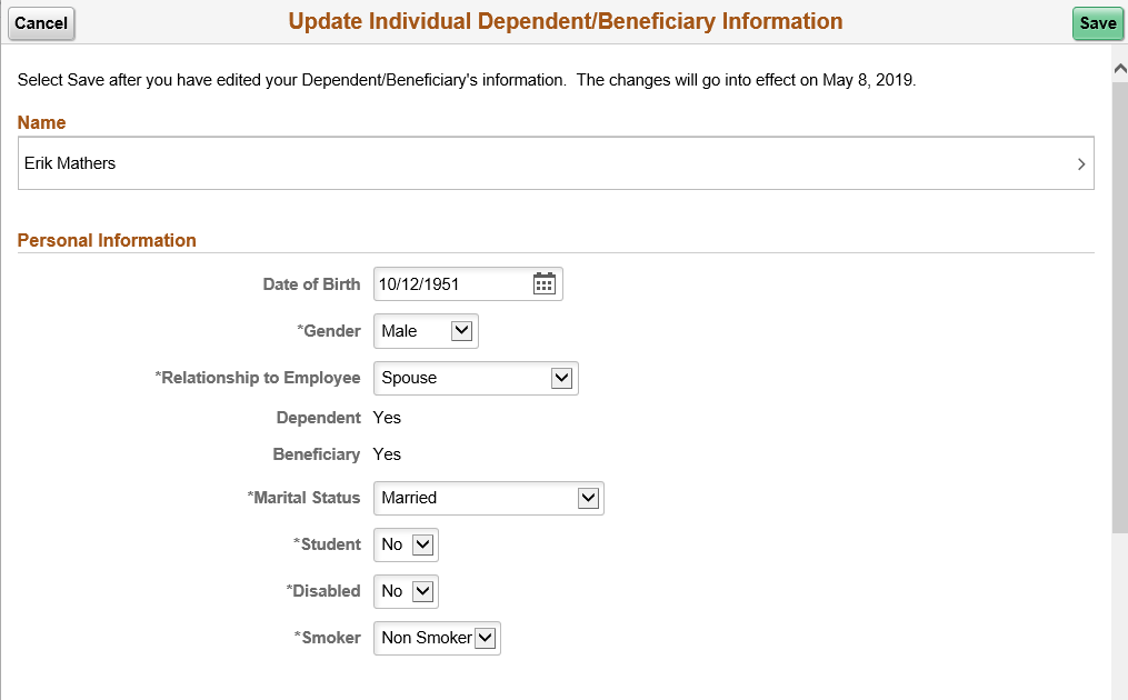 (Tablet) Dependent/Beneficiary Info page