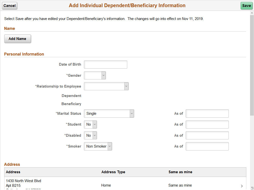 Add Individual Dependent Beneficiary Information