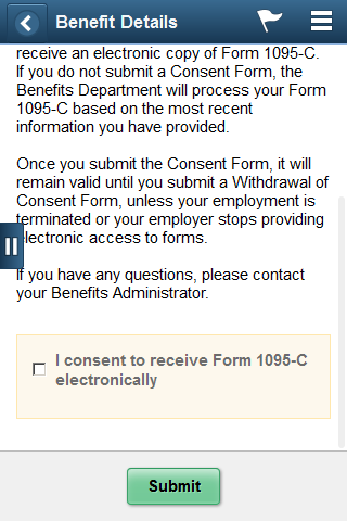 (Smartphone) Form 1095-C Consent page - Displaying checkbox