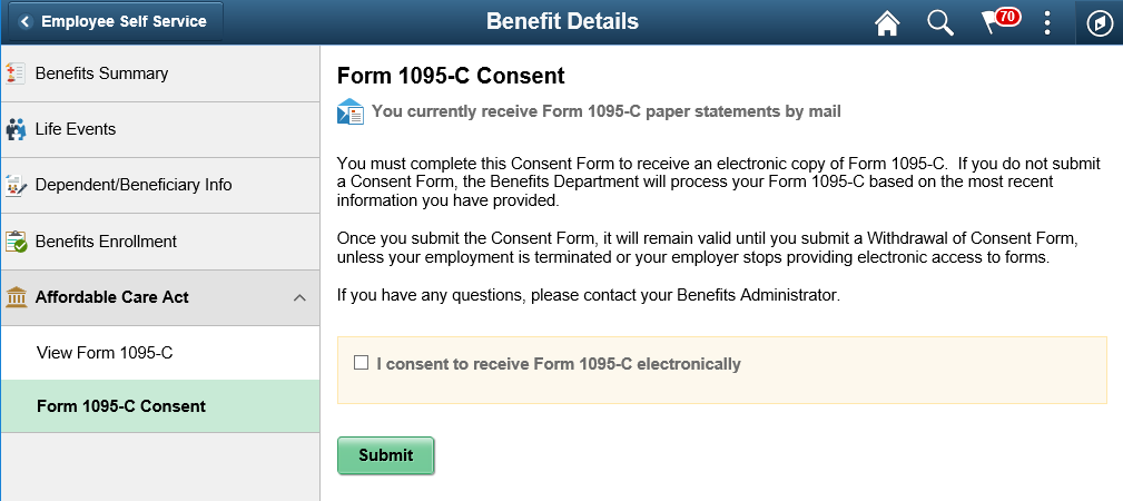 (Tablet) Form 1095-C Consent page