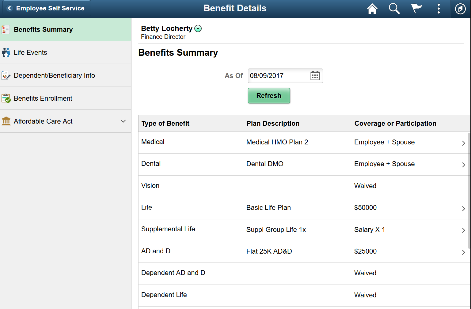 (Tablet) Benefits Summary page