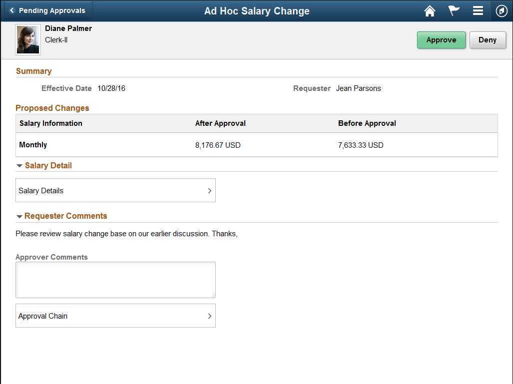 Pending Approvals - Ad Hoc Salary Change page