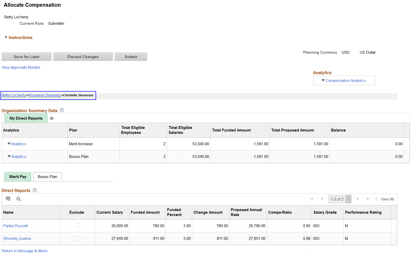 Viewing compensation proposals for indirect reports on the Allocate Compensation page