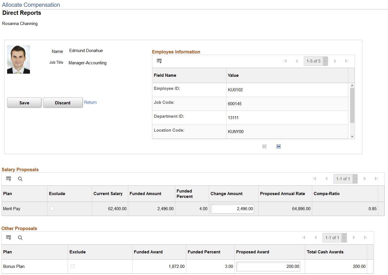 Allocate Compensation - Direct Reports page (1 of 2)