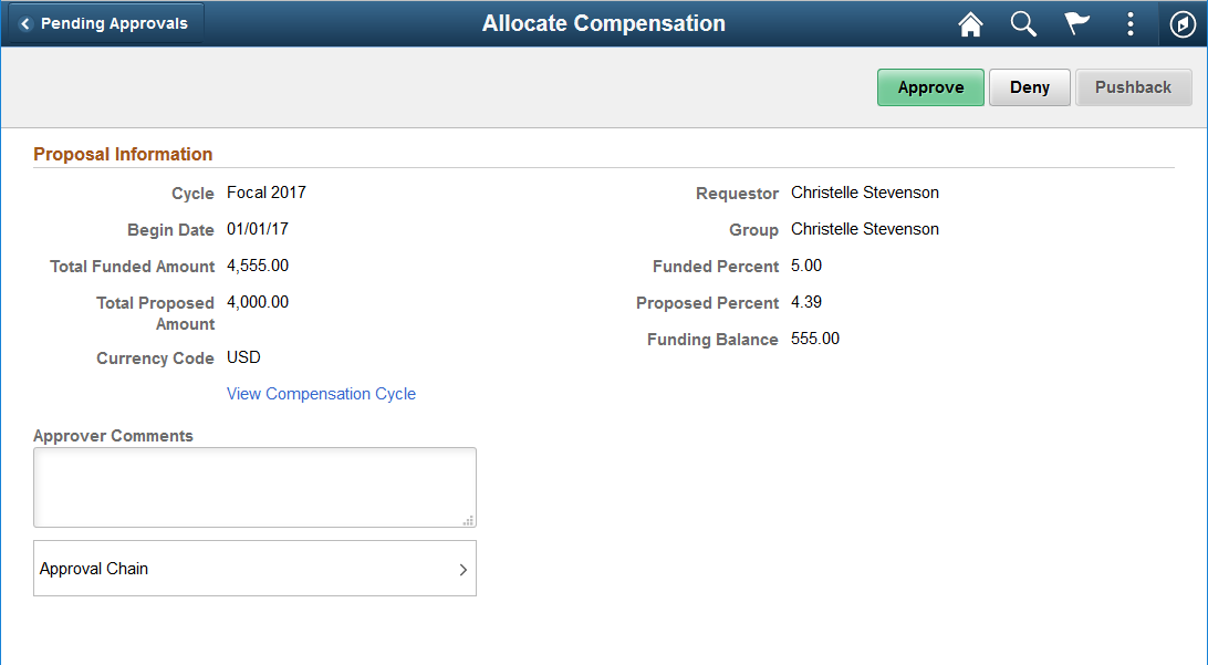 Pending Approval - Allocate Compensation page