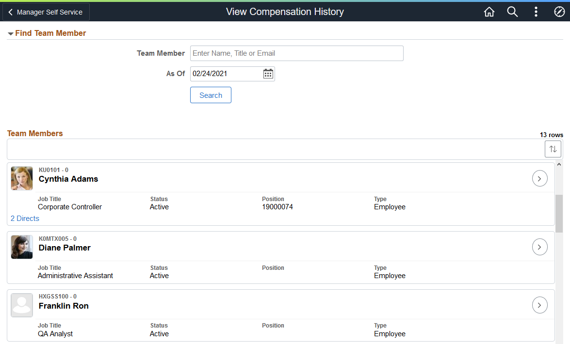 View Compensation History - Find Team Member page