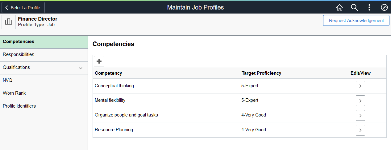 Maintain Job Profiles page for a manager showing the Request Acknowledgement button