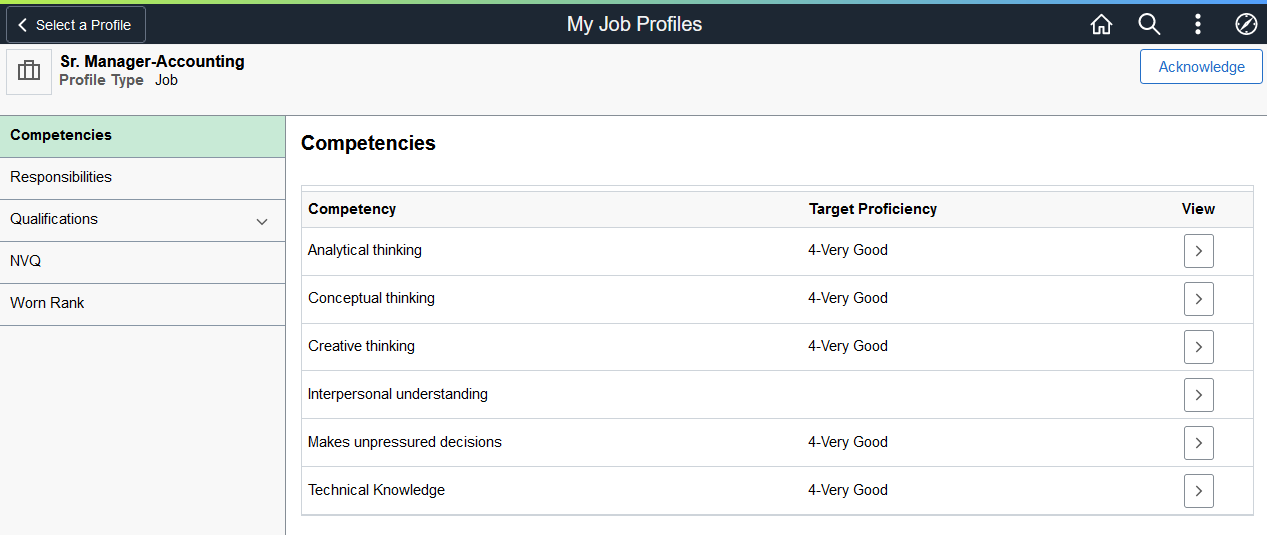 My Job Profiles page for the employee showing the Acknowledge button