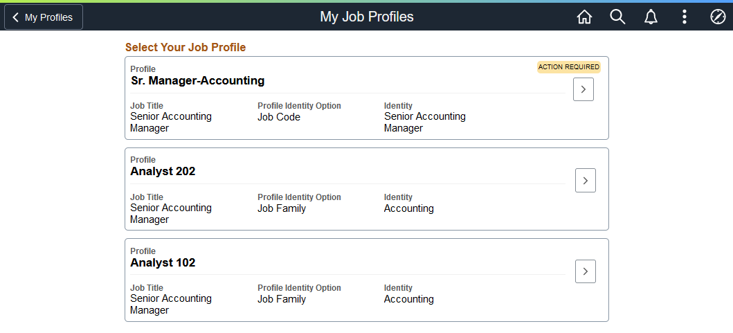 My Job Profiles - Select Your Job Profile page displaying action required notification to acknowledge a job profile