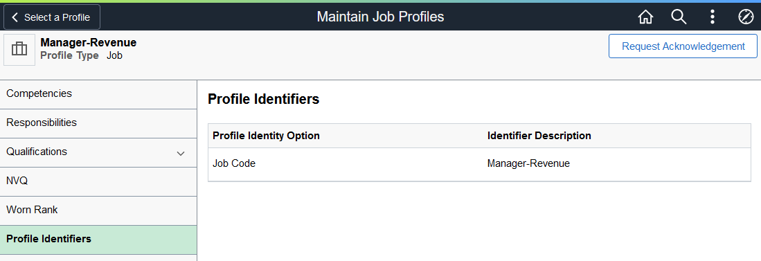 Maintain Job Profiles - Profile Identifiers tab and page
