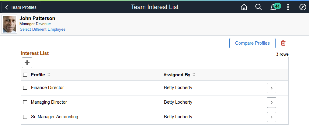 Team Interest List Page