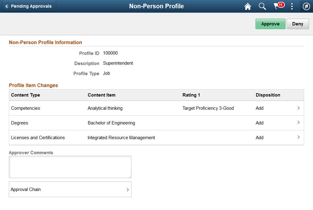 Pending Approvals - Non-Person Profile page