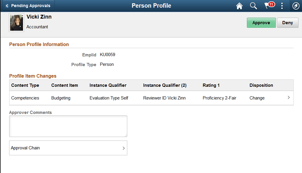 Pending Approvals - Person Profile page