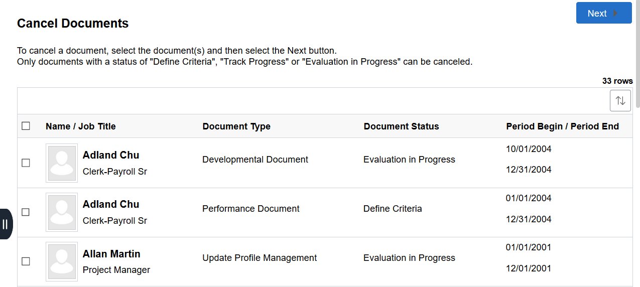 Cancel Documents page (Team Performance)