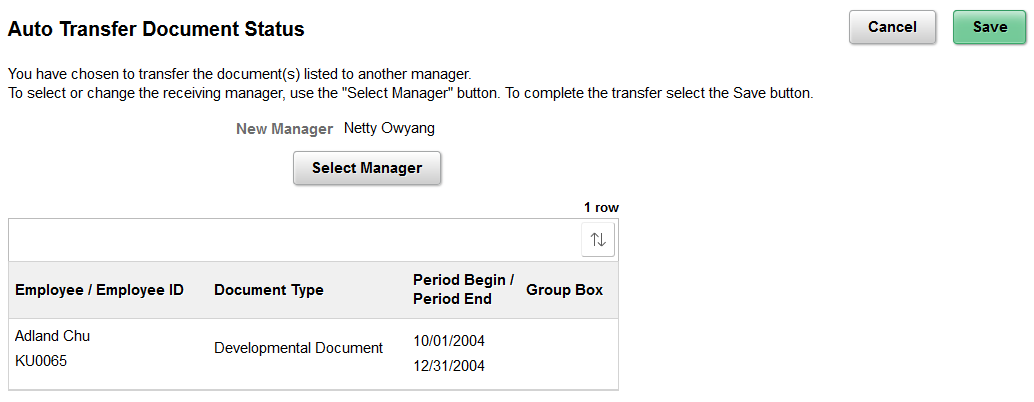 Auto Transfer Document Status - Select Manager page