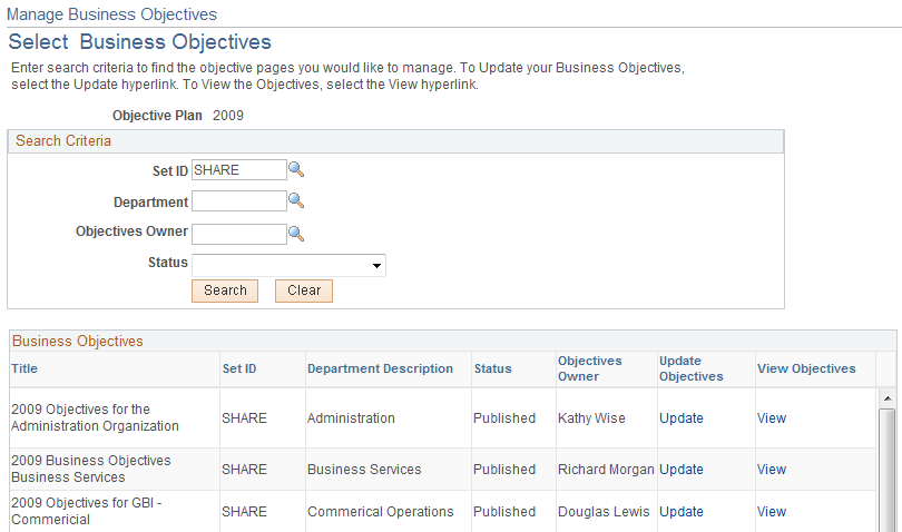 Manage Business Objectives - Select Business Objectives page