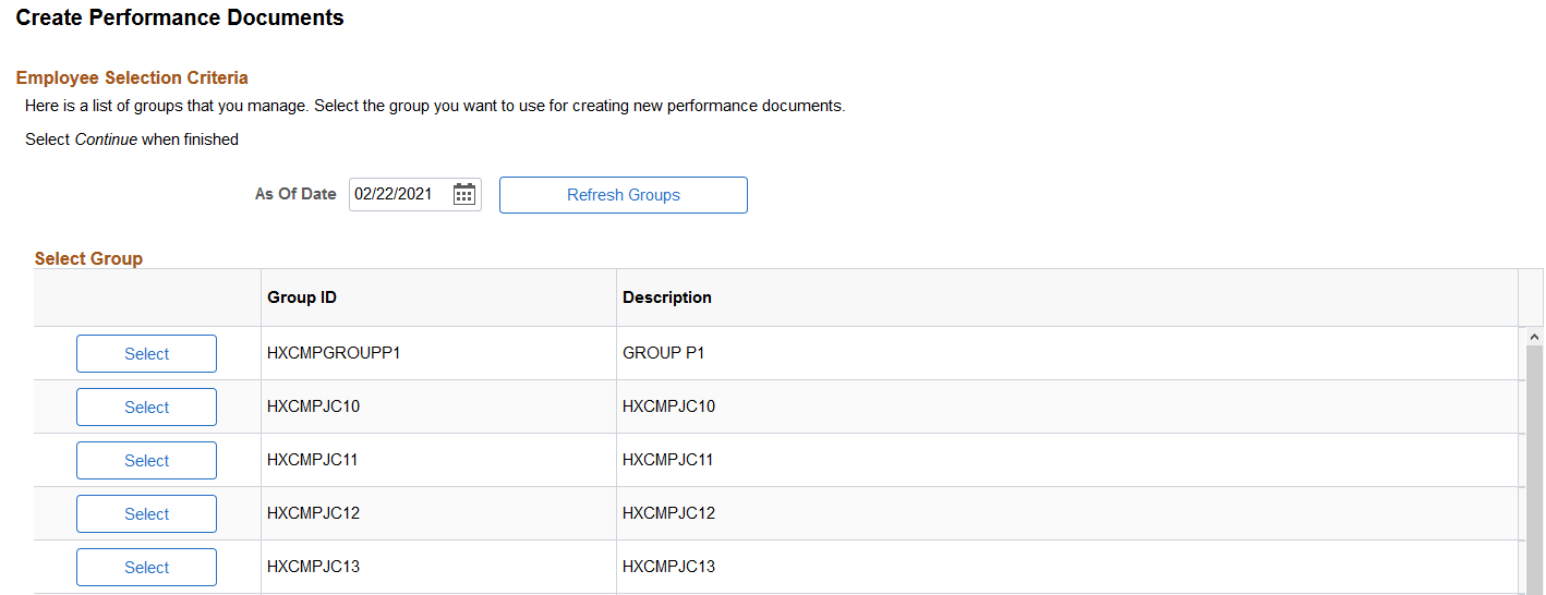 <>Create <Performance or Development> Documents - Select Group page