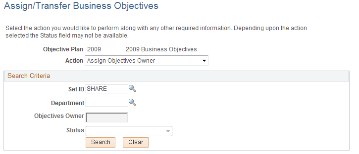 Assign/Transfer Business Objectives page