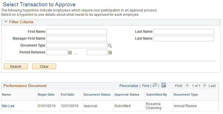 Select Transaction to Approve page