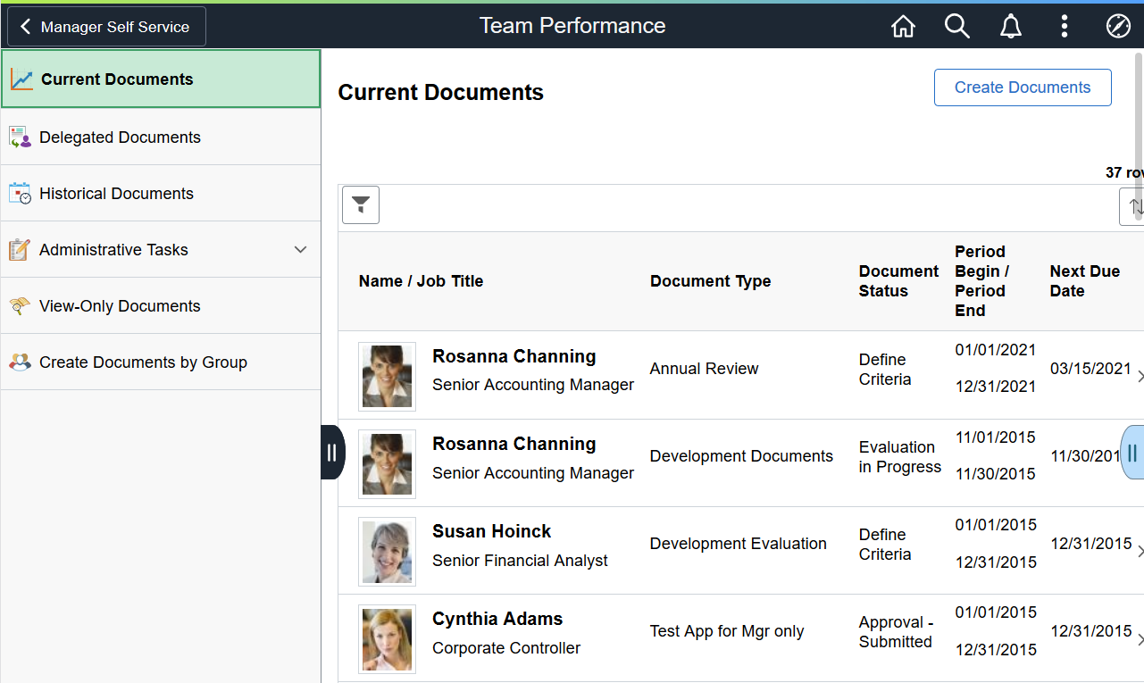 (Tablet) Current Documents page (Team Performance)