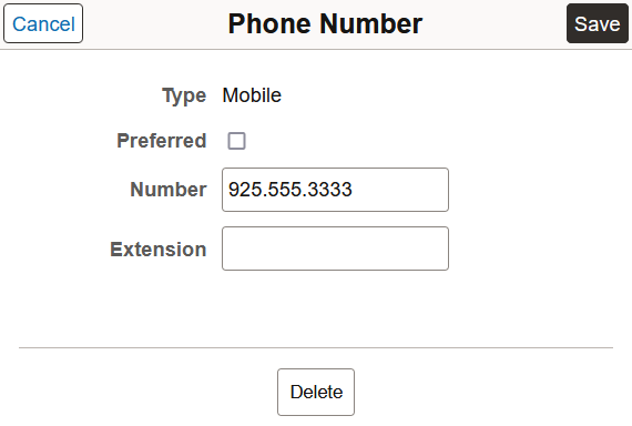 Phone Number page configured for full edit