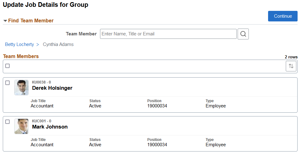 <><Transaction Name> - Find Team Member page for selecting multiple employees
