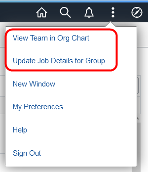 Actions list menu options for the My Team pages