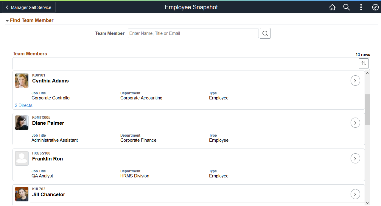 Employee Snapshot - Find Team Member page for a manager
