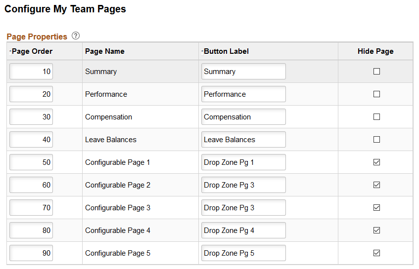 Configure My Team Pages page