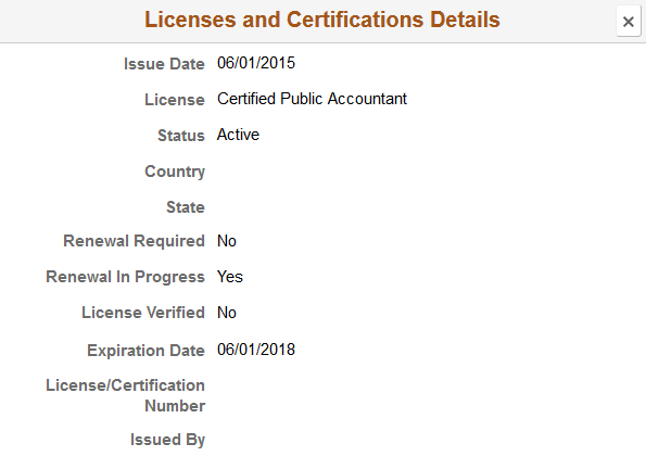 Licenses and Certifications Details page