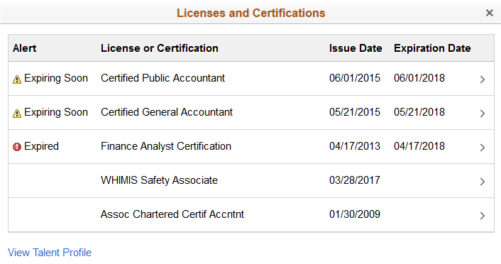 Licenses and Certifications page when Compare Person with Job Profile is not enabled