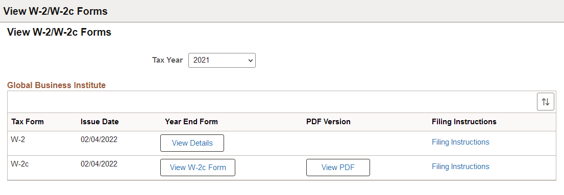 View W-2/W-2c Forms page in screen reader mode